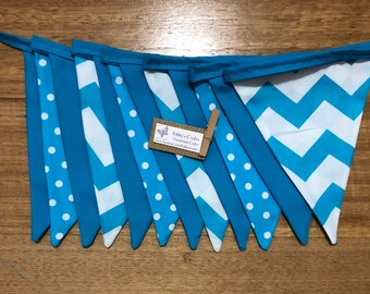 Bunting fabric bunting flags bright blue aqua teal print, party, birthday, banner, garland