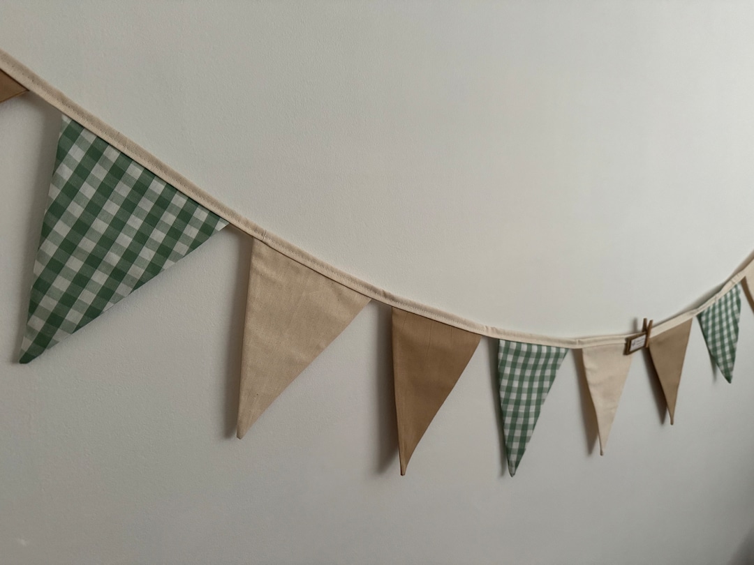Bunting Fabric Banner Garland Flags Gingham Green Beige Cream Party ...