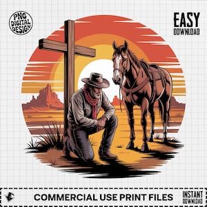 Cowboy Praying Digital, Sublimation PNG, Horse, Cross, Western Clipart, Faith Graphic, Country Design, Religious Art, Cowboy at Sunset