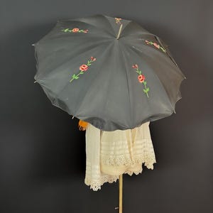 Vintage embroidered parasol, French antique parasol or umbrella with embroidered flowers