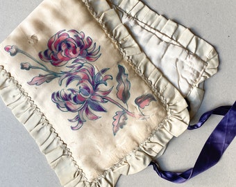 Antique silk lingerie pochette, hand painted vintage lingerie storage case from France