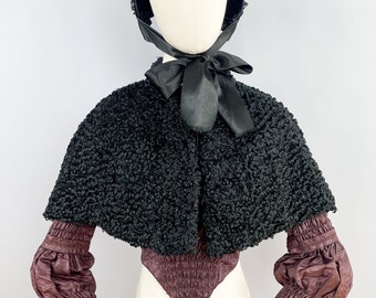 RESERVED Vintage cape from France, 1800s - 1900s black astrakhan capelet
