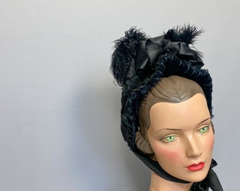 French late 1800s mourning bonnet, Victorian black lace and velvet hat, horseshoe bonnet, gabled bonnet