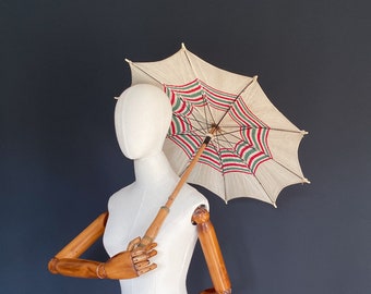 Early 1900's French sun parasol, Edwardian era striped linen parasol