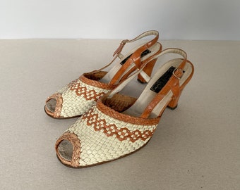 French vintage woven leather sandals, vintage high heel sandals