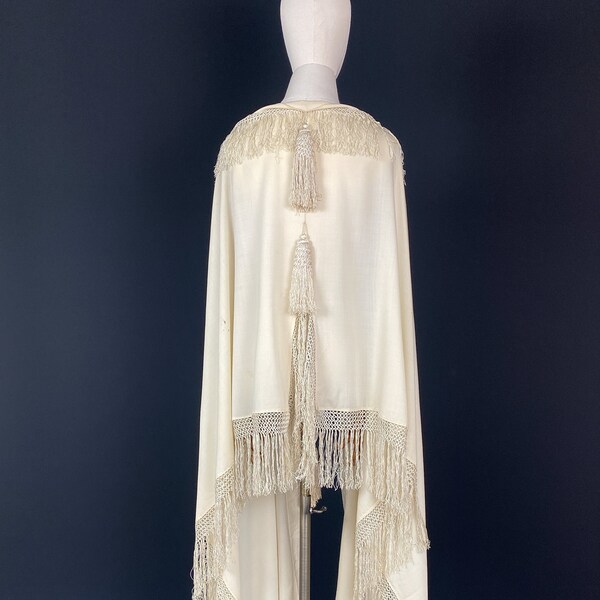 1890s visiting cape, Victorian piano shawl with long fringes