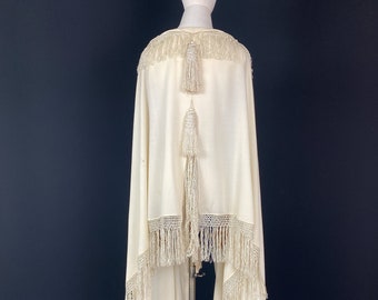 1890s visiting cape, Victorian piano shawl with long fringes