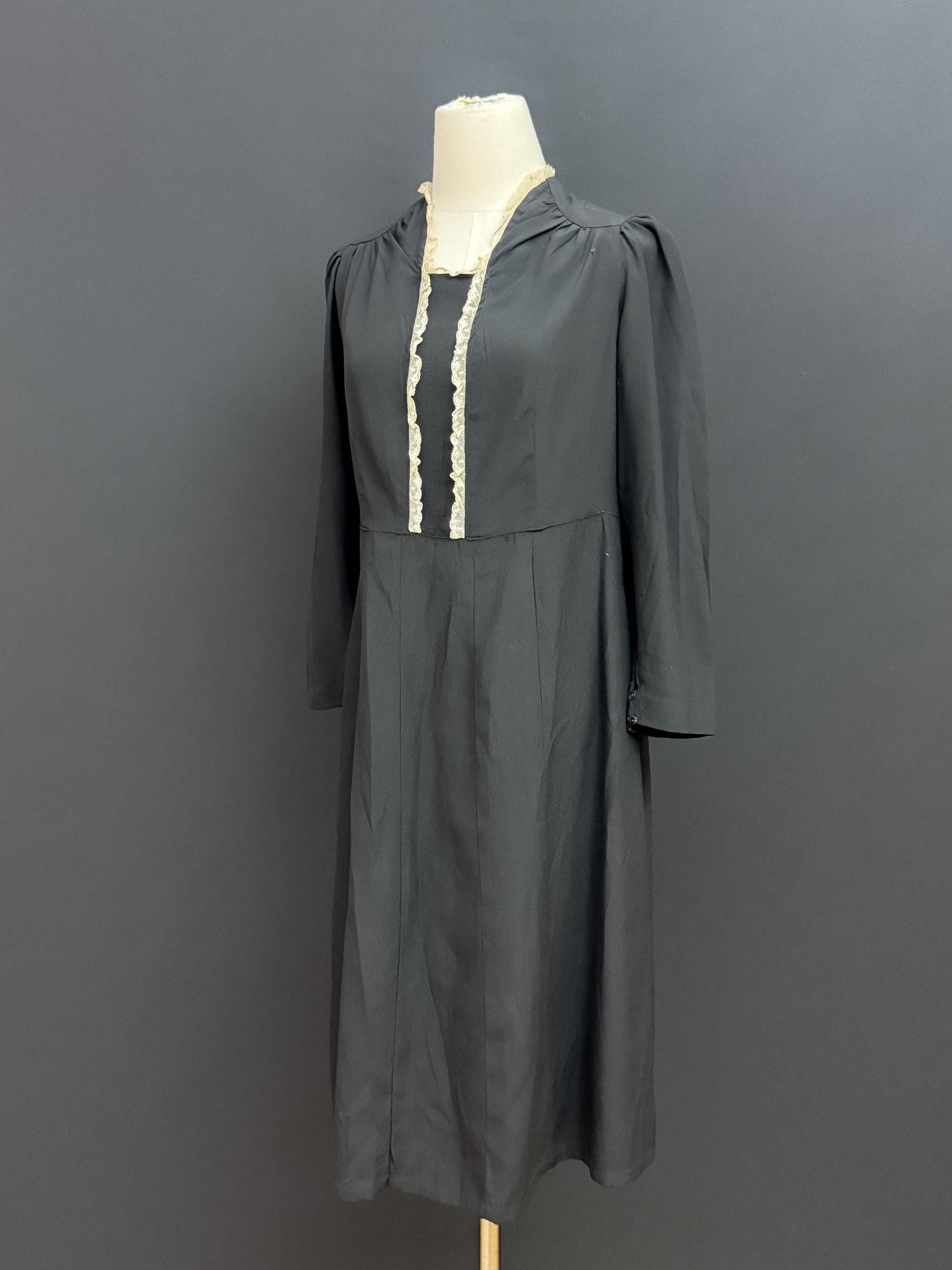 Robe Vintage 1940 Authentique, Noir Crêpe De Soie, Taille XS/34-36, Manches Trois-quarts – Tenue Soirée Ou Mariage