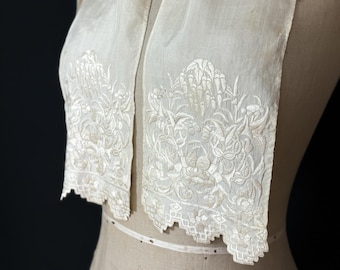 Antique embroidered silk scarf, cream embroidered silk stole