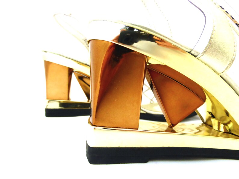 Gold Shoes Vintage Slingback 80s Sling backs Heeled Sandals Vintage high heels Party Shoes Vintage wedge Statement Heels