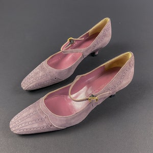 Lilac suede vintage Mary Jane shoes, handmade luxury low heel pumps