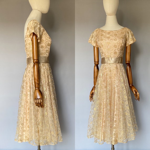 1950s party dress, JONNY HERBERT vintage gold lac… - image 3