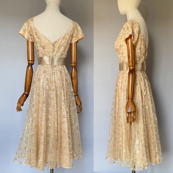 1950s party dress, JONNY HERBERT vintage gold lac… - image 2