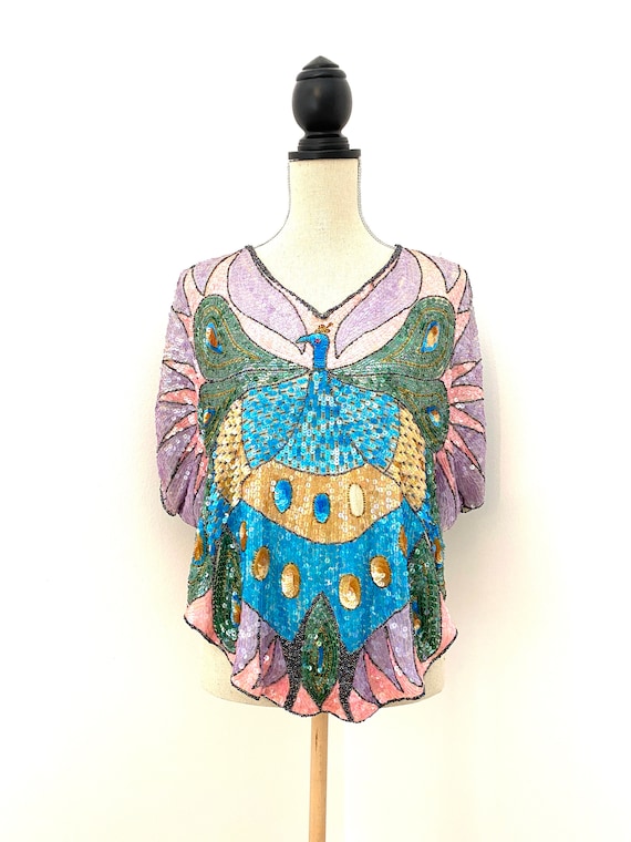 Vintage 80s Sequin Top, Peacock Sequin Top, Sequin