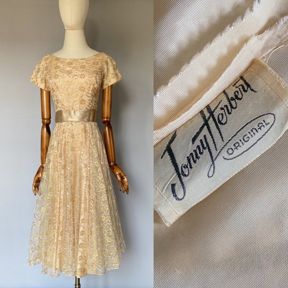 1950s party dress, JONNY HERBERT vintage gold lac… - image 4