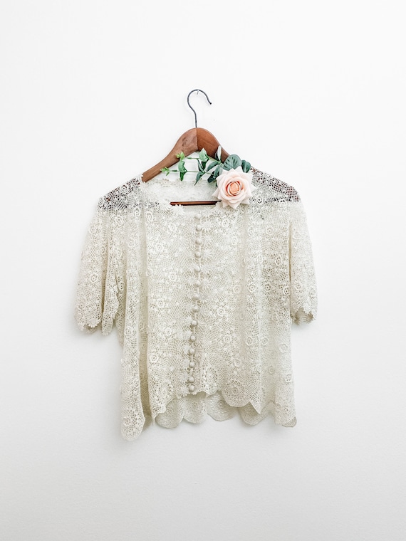 Vintage crochet top, ivory crochet blouse, handmad