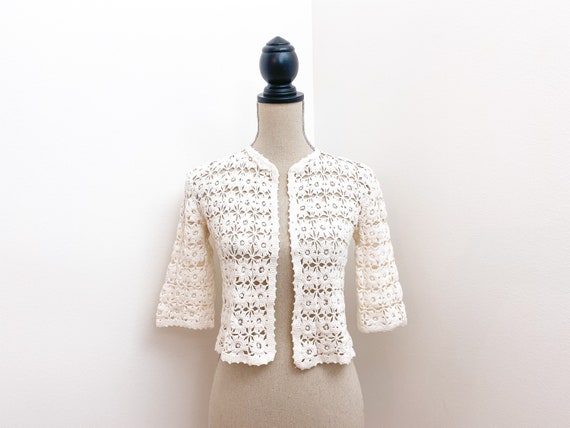 White crochet cardigan, vintage cropped crochet ja