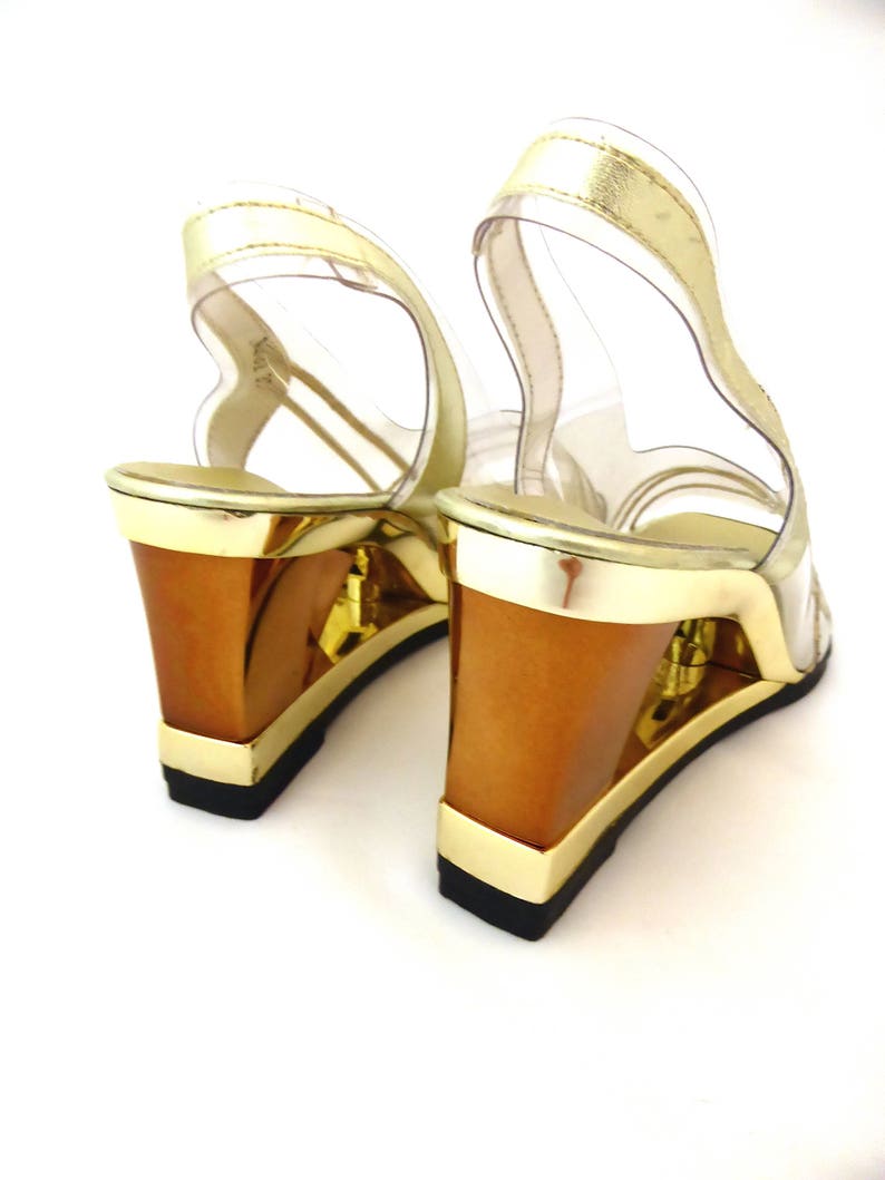 Gold Shoes Vintage Slingback 80s Sling backs Heeled Sandals Vintage high heels Party Shoes Vintage wedge Statement Heels