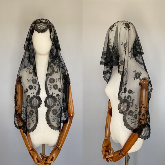 French vintage funeral veil, black lace veil or head … Gem