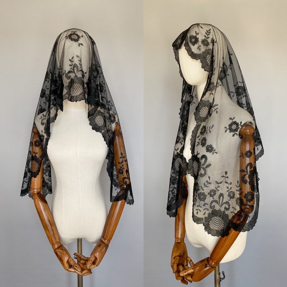 French vintage funeral veil, black lace veil or head … Gem
