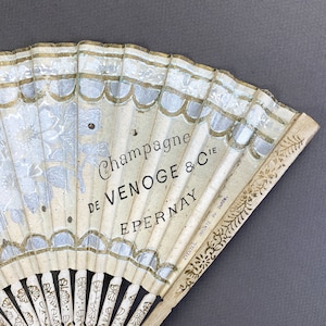 c 1880's French hand painted antique hand fan, vintage Champagne advertising, decorative Japanese fan