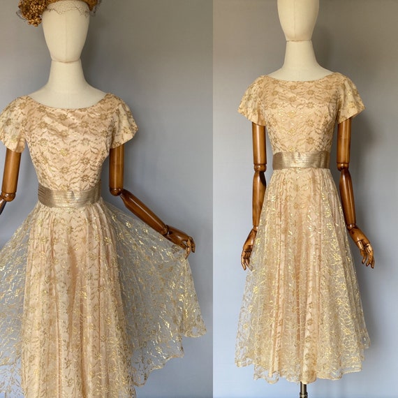 1950s party dress, JONNY HERBERT vintage gold lac… - image 1