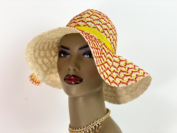 Vintage 70s sun hat, wide brim hat vintage raffia