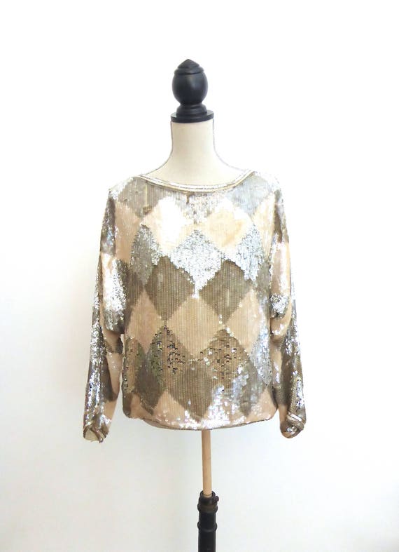 Vintage Sequin Top, Harlequin Sparkly Top, Batwing