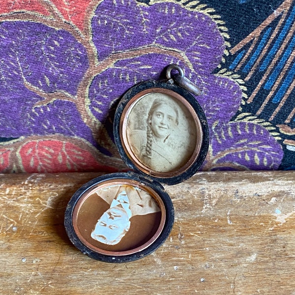 1800s French locket containing 2 antique photos, Victorian devotional locket