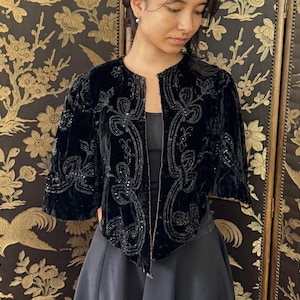 Victorian cape, jet bead black velvet shoulder cape