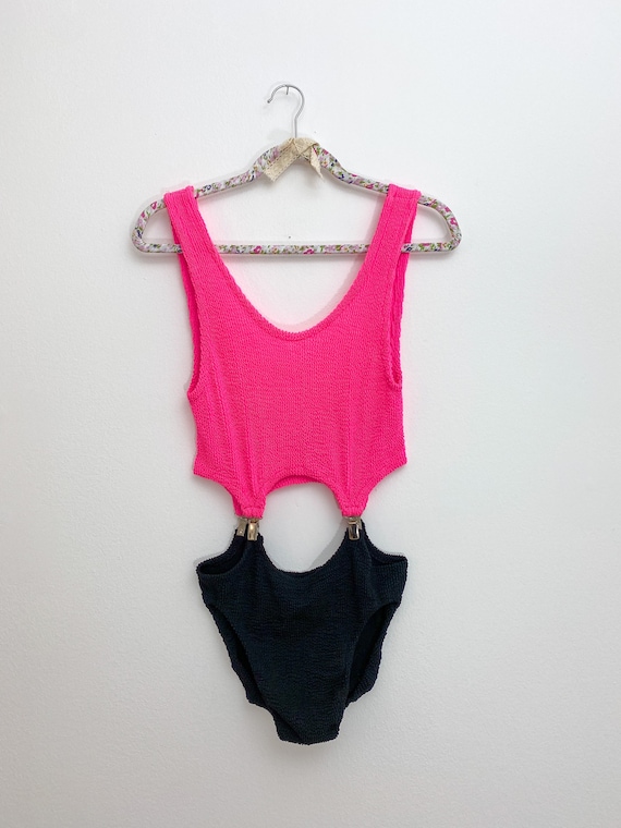 80s swimsuit, fluorescent pink swimsuit, novelty o