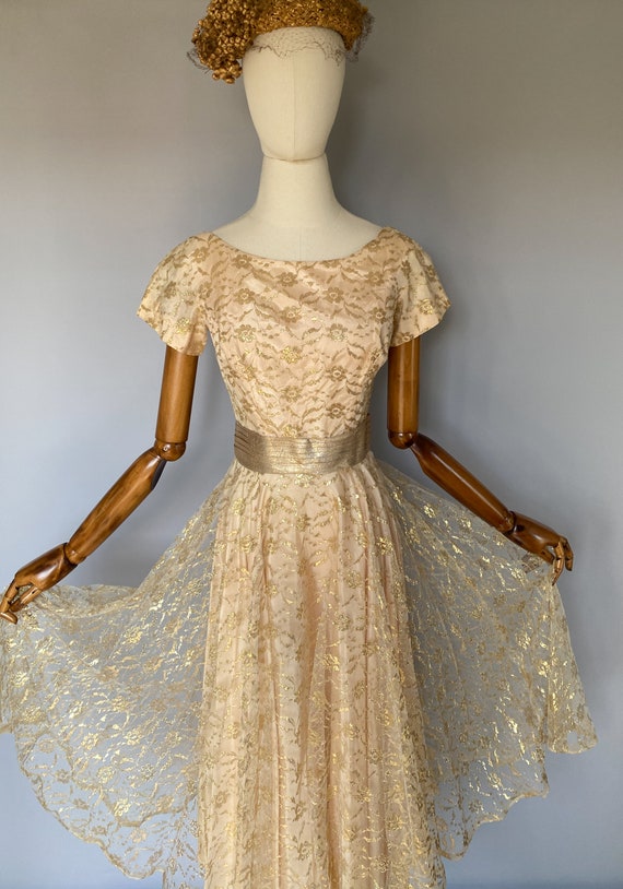 1950s party dress, JONNY HERBERT vintage gold lac… - image 6