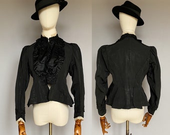 Antique Victorian jacket from France, late 1800s jacket with lace trim and boned seams