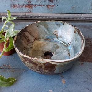 Ceramic planter, blue and brown pottery