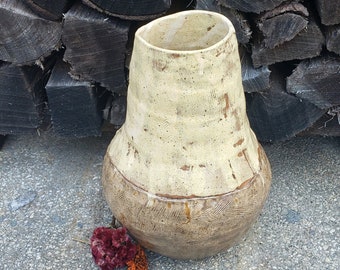 Yellow and brown ceramic vase, flower vase, rustic