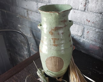 Green ceramic vase, handmade light green with speckles