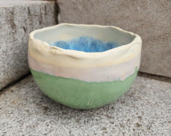 Ceramic bowl, green, blue and yellow, hand made functional and earthy pottery