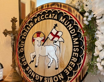 Agnus Dei Wood Carving: Hand-Painted Catholic Art (24" Diameter)