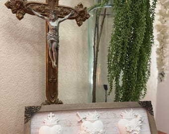 Holy Family Hearts Rustic “Farmhouse Collection” Decor/ Filigree Framed