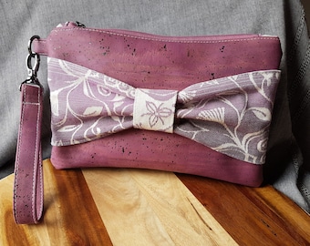 Floral Bow Clutch Wristlet - purple cork leather and wrap scrap