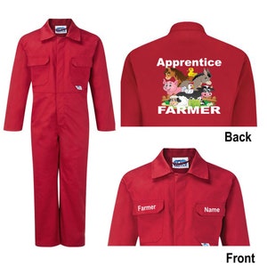 Kids children red or blue boiler suit overalls coveralls customise customize apprentice farmer animals