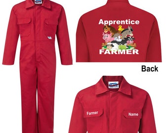 Kids children red or blue boiler suit overalls coveralls customise customize apprentice farmer animals