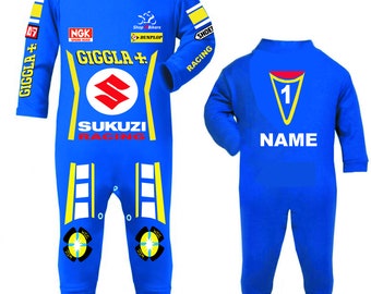 Motorcycle Baby grow babygrow Giggla Sukuzi blue Baby Race romper suit made UK