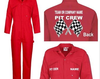Pit crew race team personalised boiler suit overalls coveralls customise red, black or blue