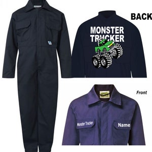 Kids children red or blue boiler suit overalls coveralls customise customize monster truck trucker