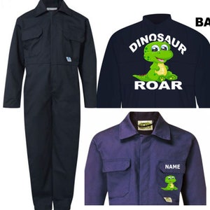 Kids children boiler suit overalls coveralls customize dinosaur roar red blue