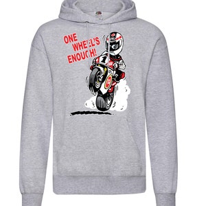 Un motociclista de una rueda que corre sudadera gris con capucha pullover canguro bolsa
