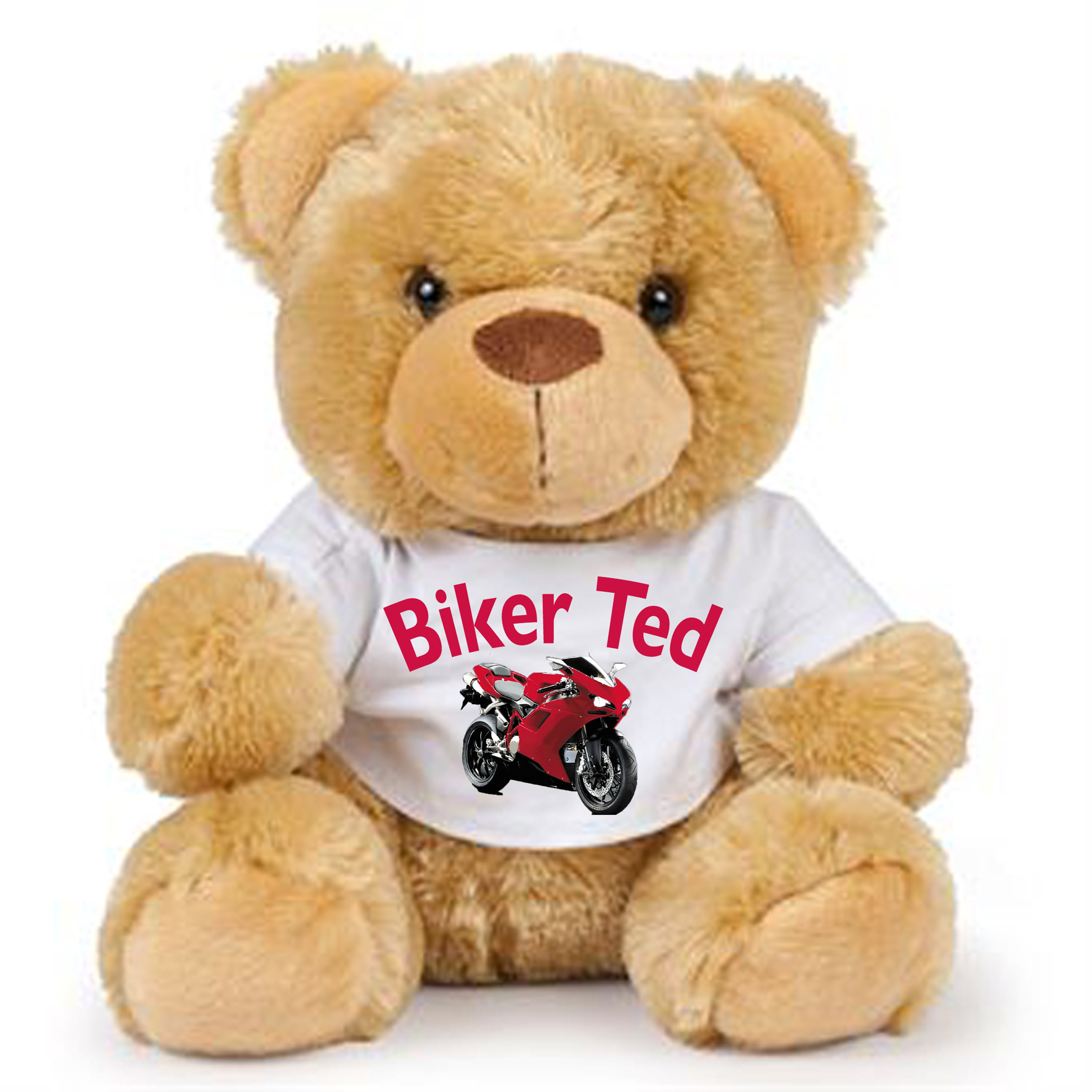 Biker Ted con un oso de peluche de motocicleta roja niño marrón