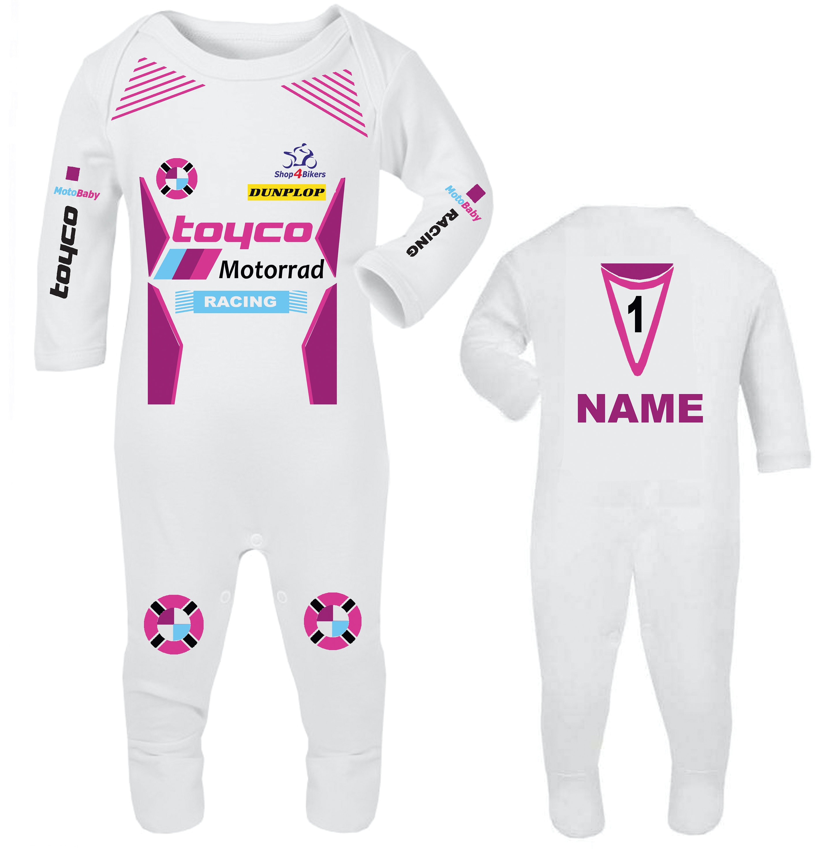 Motorcycle Baby grow babygrow Toyco Motorrad Racing Race white pink romper suit made UK