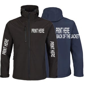 May include: Two hooded jackets, one black and one navy. The black jacket has the text "PRINT HERE" on the chest and sleeves. The navy jacket has the text "PRINT HERE BACK OF THE JACKET" on the back.